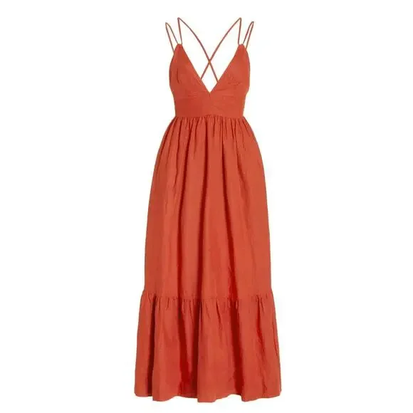 B51 Posse Lotus Linen Maxi Dress Small Red Flowy Sundress Resort Spaghetti Strap - Picture 3 of 9